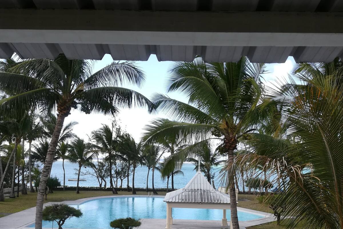 A pool area with palm trees, a gazebo, and a view of the sea.