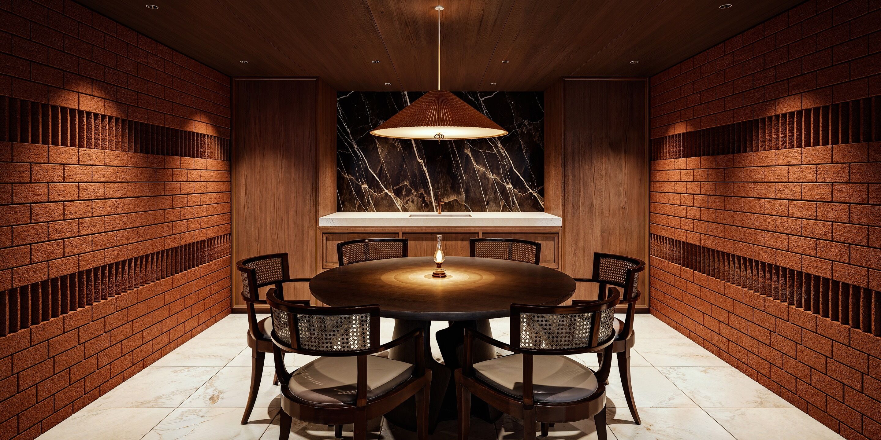 A round dining table with six chairs, a marble backsplash, and a hanging pendant light.