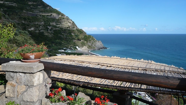 Vista costera con una estructura de piedra, una terraza de madera y una maceta de terracota con flores rojas.
