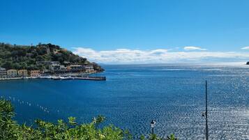 A coastal town with a marina, buildings, and a clear blue sea.