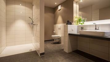 A modern bathroom with a walk-in shower, a toilet, and a sink with a mirror above it.