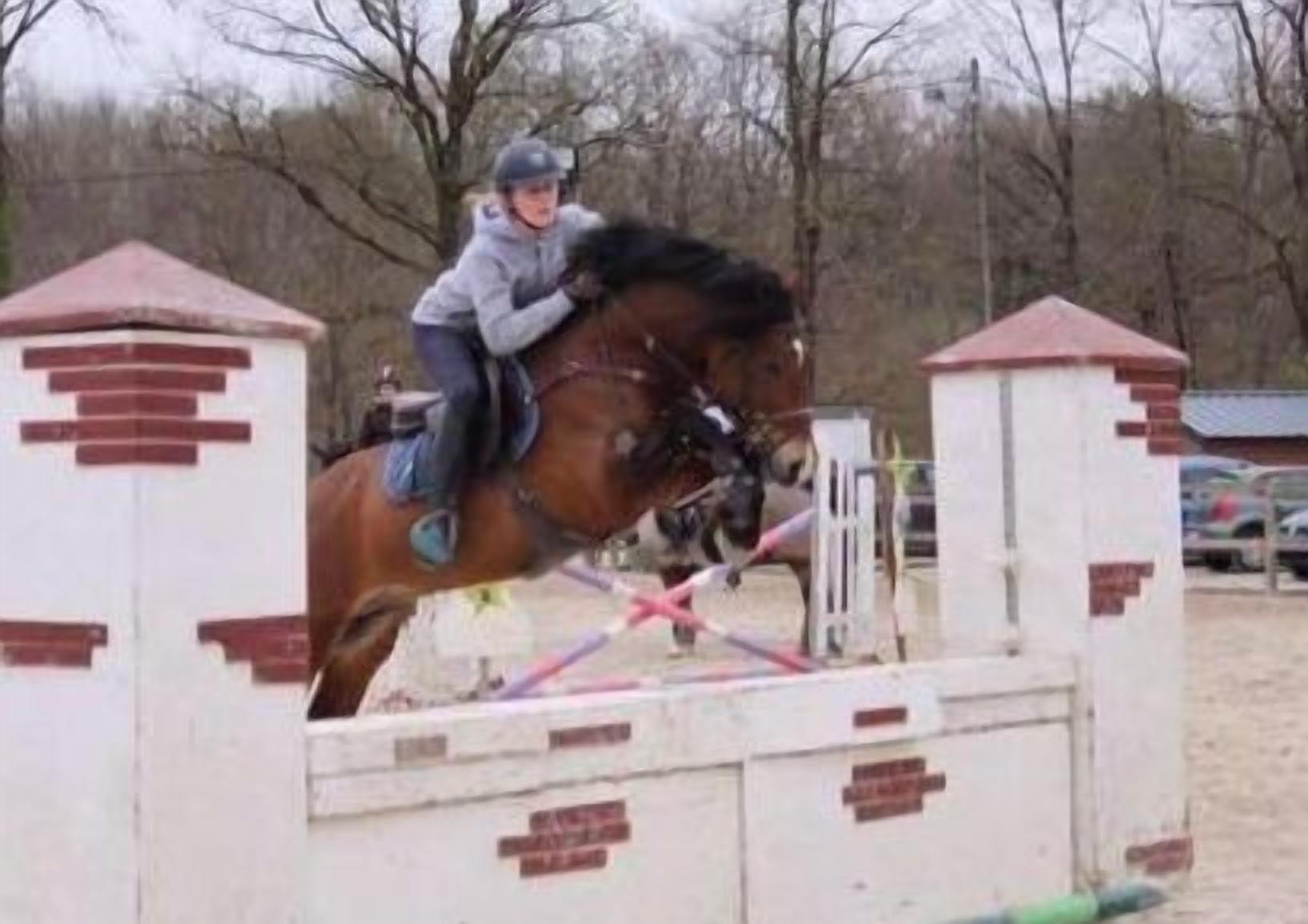 Una persona montando a caballo sobre un obstáculo.