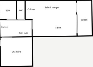 A hotel layout with labeled rooms including a bedroom, bathroom, kitchen, dining area, and balcony. - 3* Apartment, 4-6 people, near slopes, pets allowed, garage (La Clusaz)