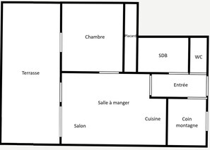 Un plano de planta que muestra una terraza, salón y comedor.