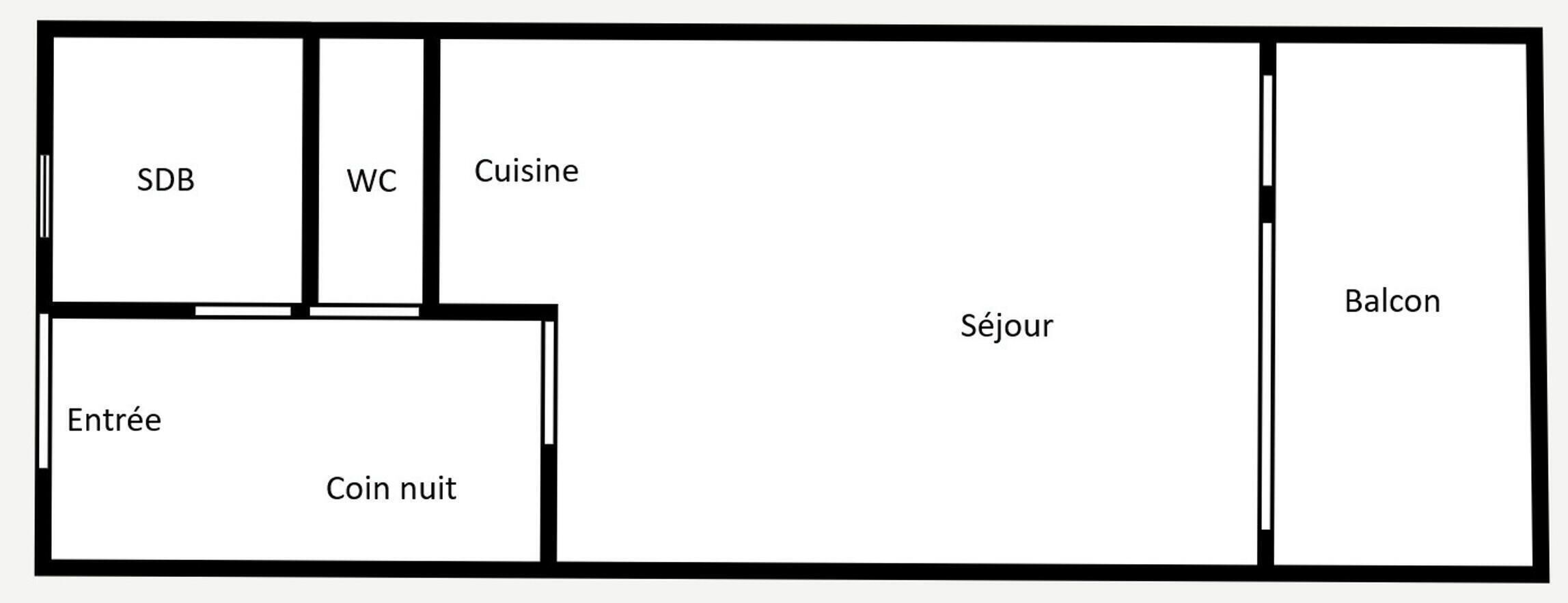 A hotel layout with an entrance, ensuite bathroom, coin room, sleeping area, kitchenette, WC, and balcony.