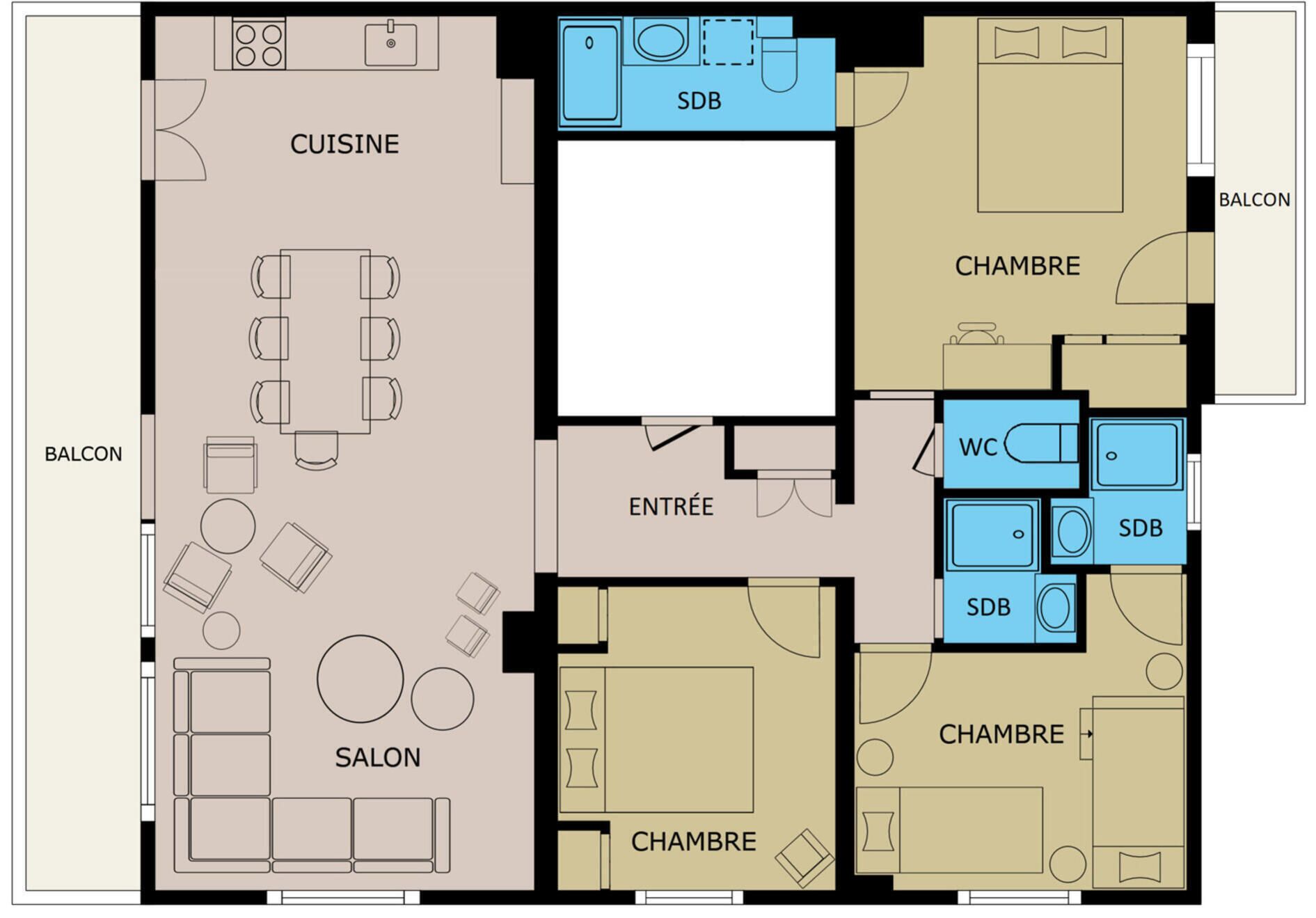 Un hôtel dont les chambres sont aménagées avec un balcon, une cuisine, un coin repas, un salon et plusieurs chambres à coucher.