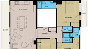 A hotel layout with a balcony, a kitchen, a dining area, a salon, and multiple bedrooms.
