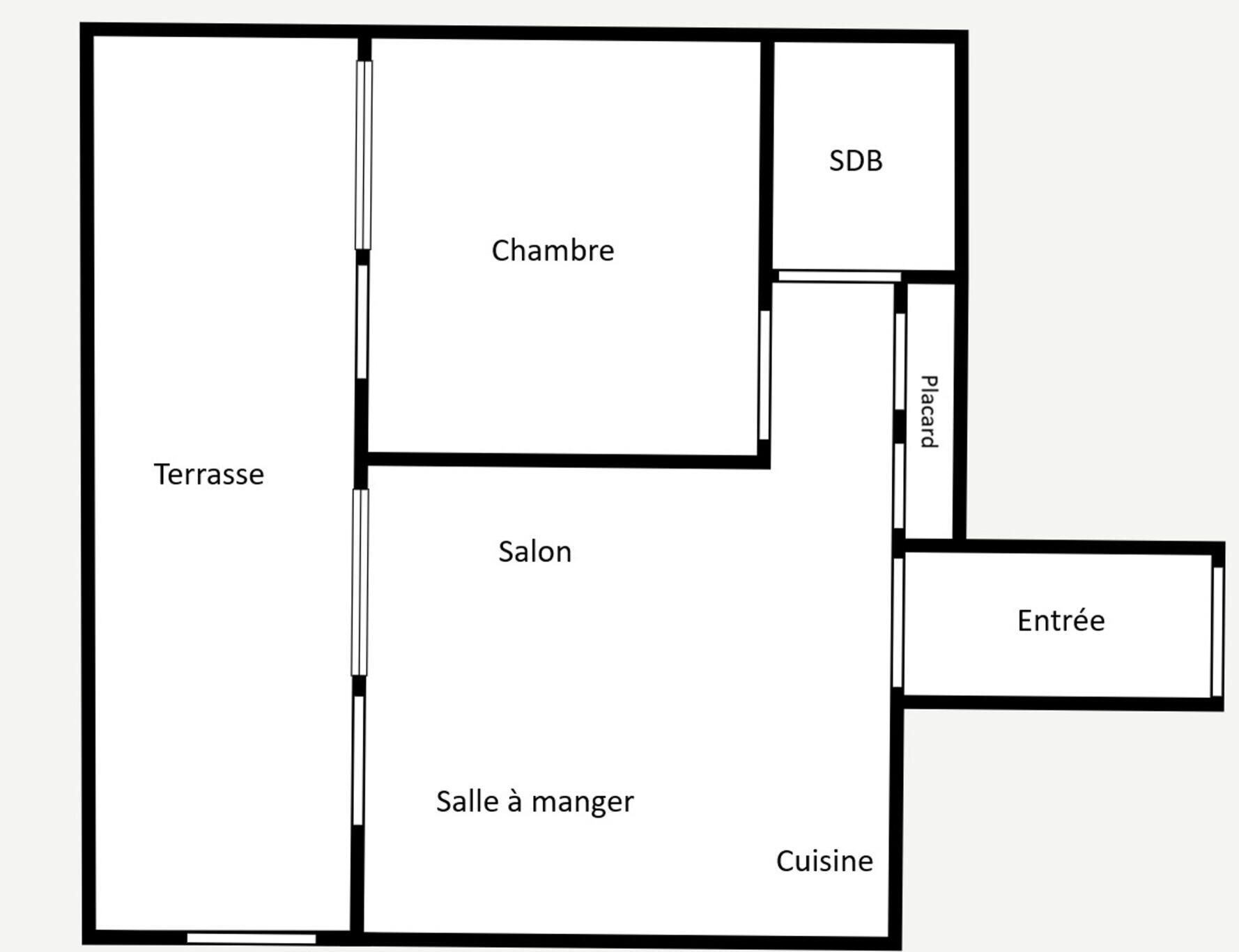 A floor plan with labeled rooms including a terrace, salon, dining room, kitchen, bathroom, and entry.