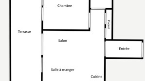 Pianta degli ambienti con indicazioni: terrazza, salone, sala da pranzo, cucina, bagno e ingresso.