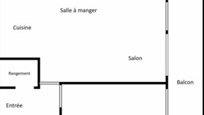 Pohjapiirros, jossa on keittiö, ruokailutila, parveke ja huone, jonka nimikyltissä lukee ”SDB”.