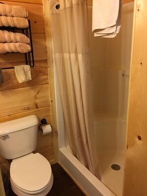 Combined shower/tub, hair dryer, towels, soap