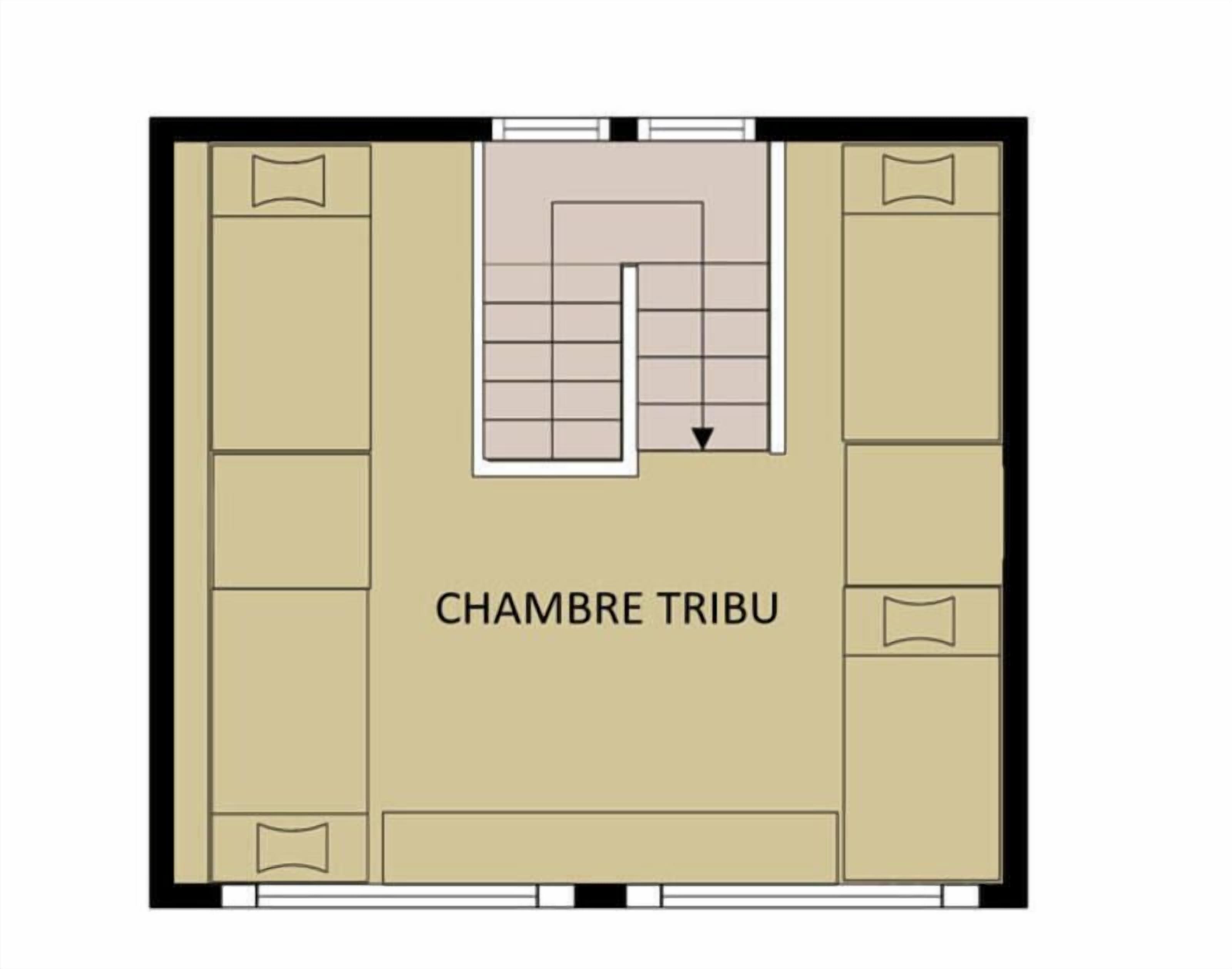 En planlösning där ett centralt område är markerat med texten ”CHAMBRE TRIBU” och fyra mindre rum är placerade på sidorna.