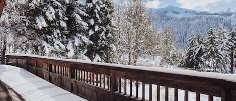 A wooden deck with snow-covered ground, surrounded by snow-laden trees and a mountainous backdrop.