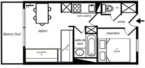 A floor plan with a balcony, TV, seating area, kitchen, bathroom, and two bedrooms. - Well-located apartment, ski-in/ski-out, pets allowed (Méribel)