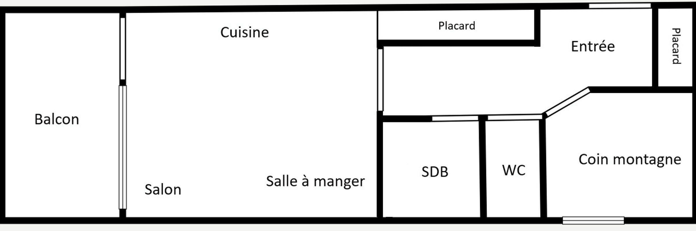 Grundriss eines Hotels mit Balkon, Küche, Essbereich, Eingang und Münzwaschsalon.