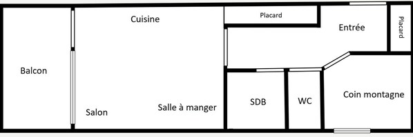 A hotel layout with a balcony, kitchen, dining area, entrance, and coin laundry.