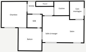 A hotel floor plan with a bedroom, bathroom, sitting room, dining area, kitchen, and balcony.