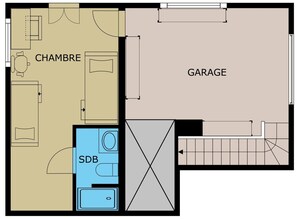 A floor plan with a living room, a bedroom, a bathroom, and a garage. - Chalet for 10 people, near slopes, with fireplace and garage, pets allowed (La Clusaz)