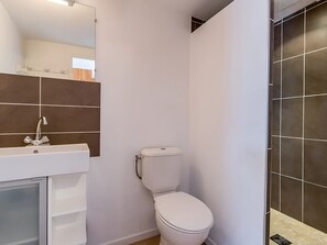A bathroom with a toilet, a sink, and a shower area. - Chalet for 10 people, near slopes, with fireplace and garage, pets allowed (La Clusaz)