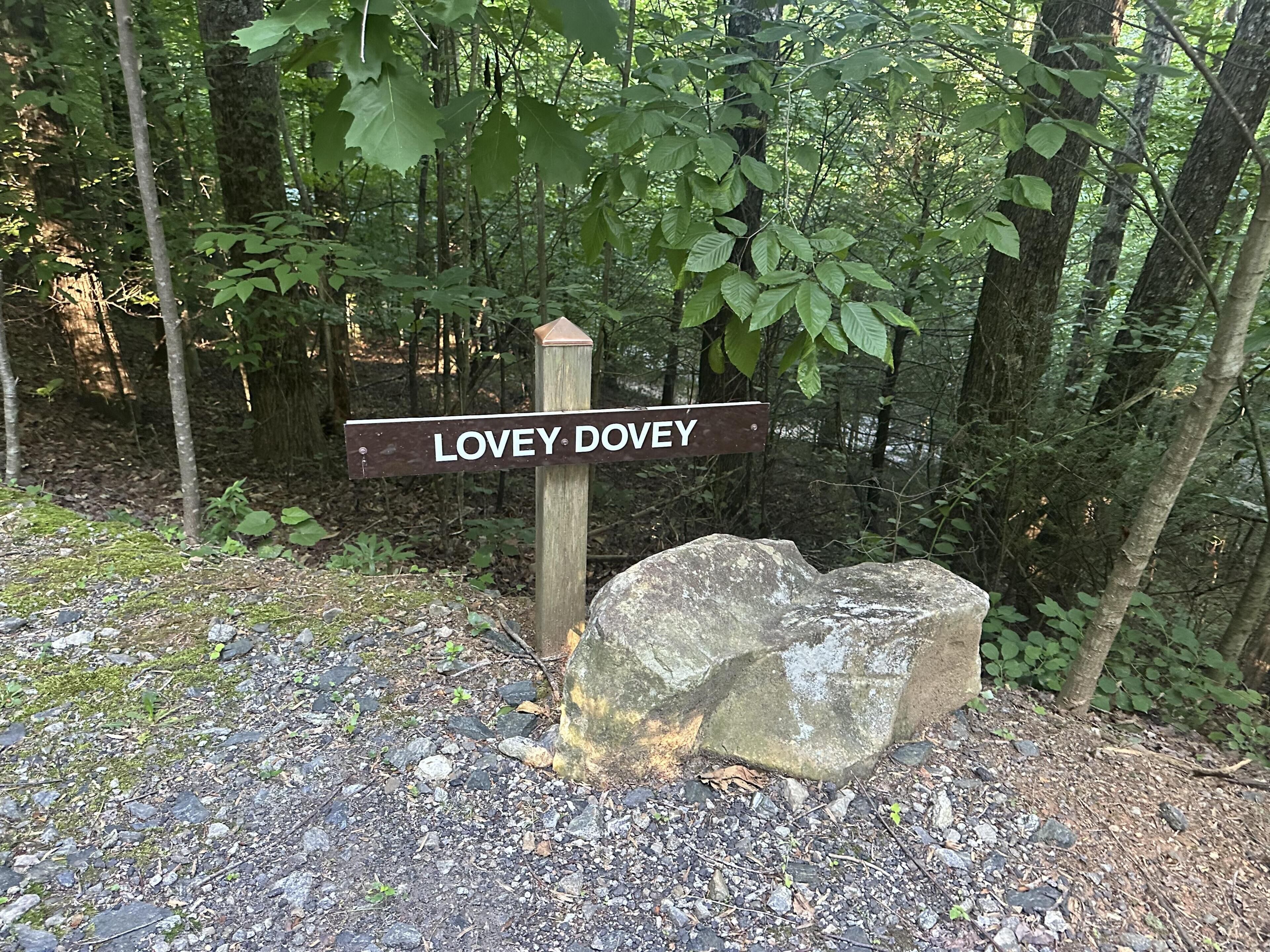 A wooden signpost with 'LOVEY DOVEY' written on it, surrounded by a forested area with rocks and greenery.