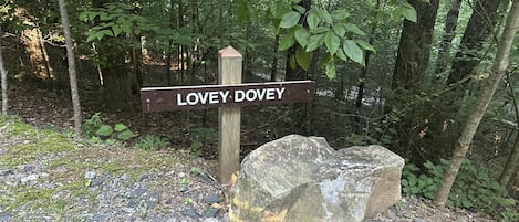 A wooden signpost with 'LOVEY DOVEY' written on it, surrounded by a forested area with rocks and greenery.