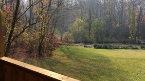 Blick von einer Holzterrasse auf eine Wiese mit Bäumen und einem kleinen Gewässer.