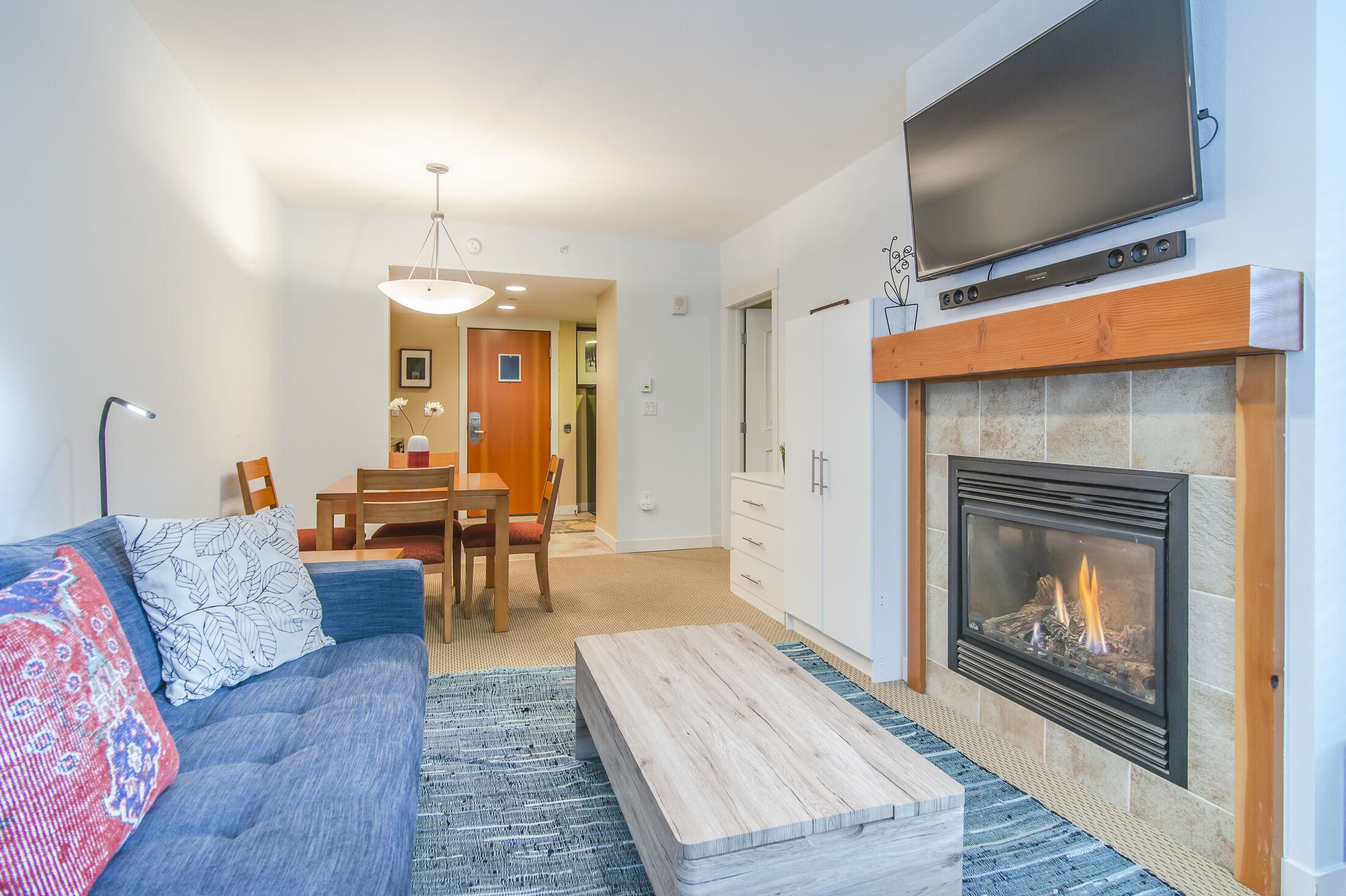 TV, fireplace, video games, DVD player