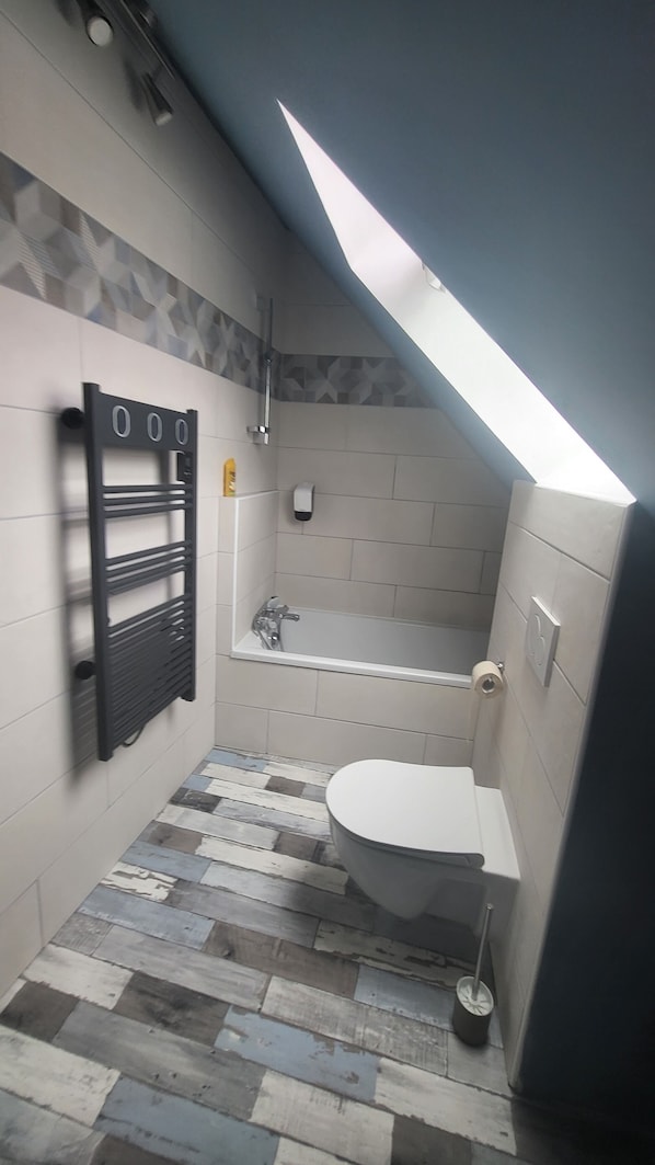 A small, modern bathroom with a sloped ceiling, a shower, a toilet, and a towel rack. - Le Doux Nid (Chanaz)