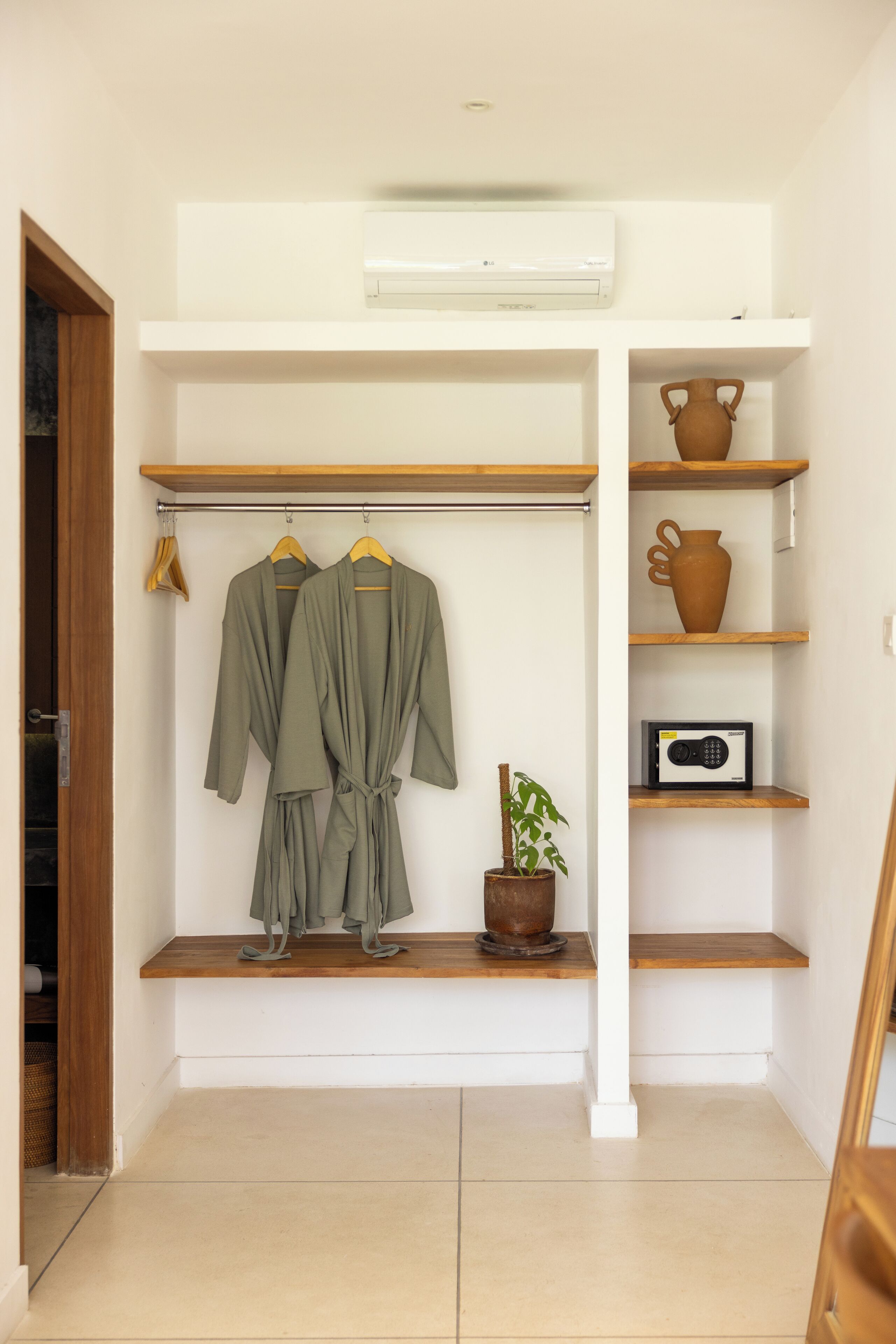 A walk-in closet with a wooden shelf, a potted plant, and a radio.
