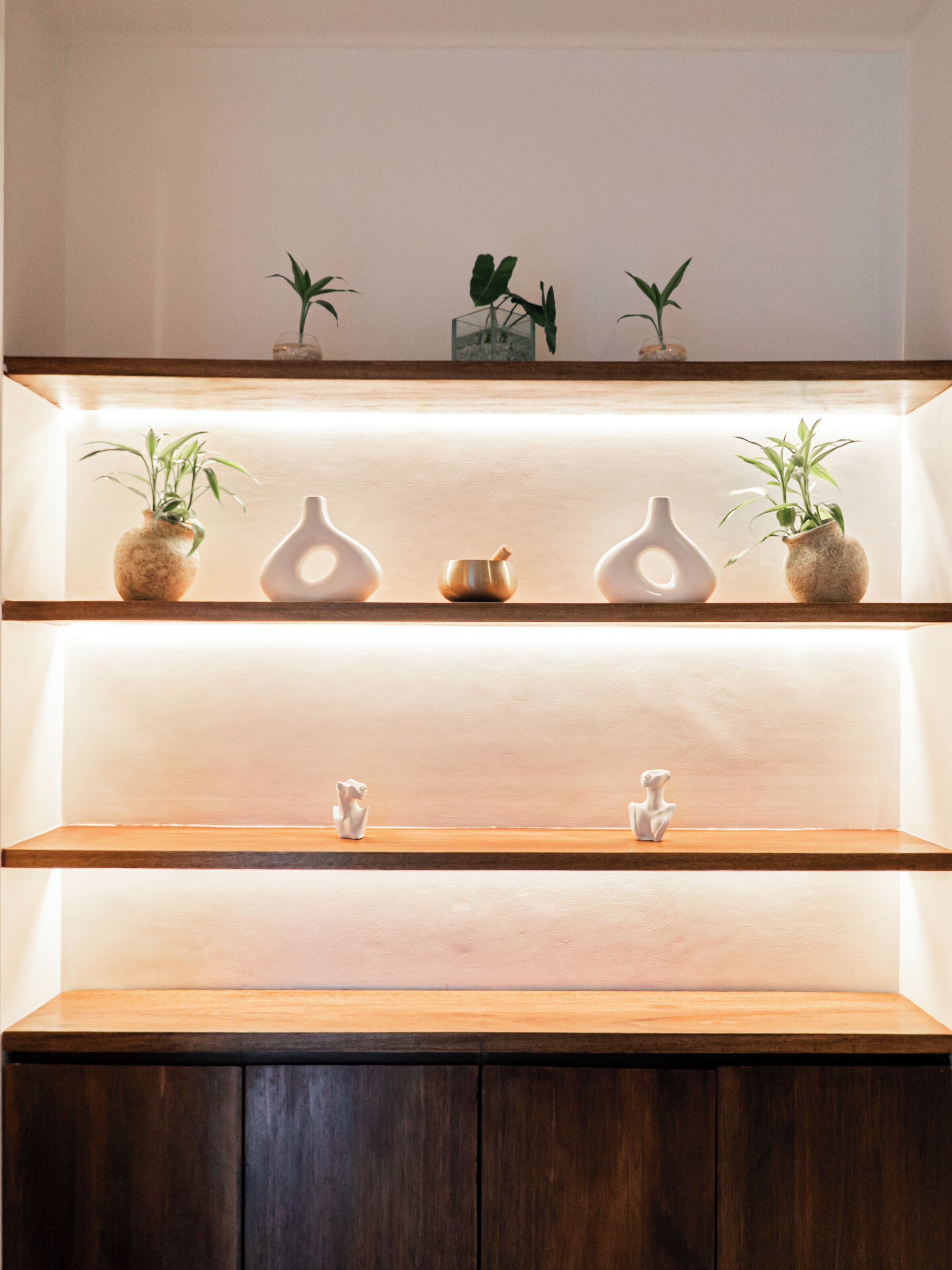 A modern bathroom with wooden shelves, a central sink, and potted plants.
