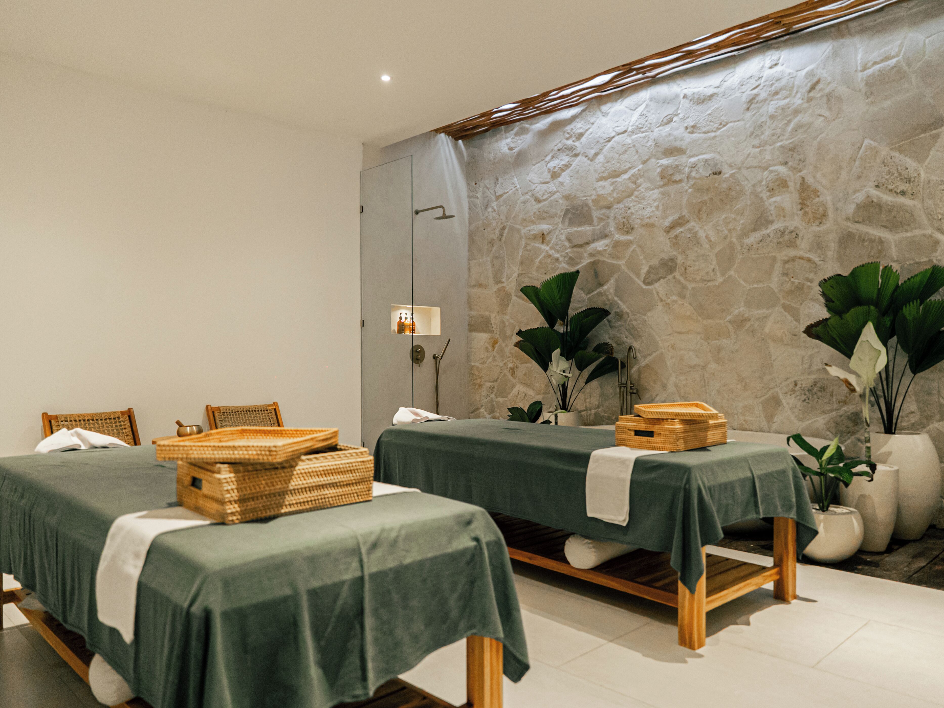 Un cuarto de spa con dos camas, una pared de piedra y plantas en macetas.