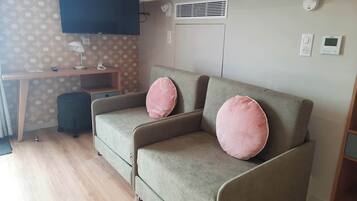 Un espacio habitable compacto con sofá, escritorio pequeño, televisor y aire acondicionado instalado en la pared.