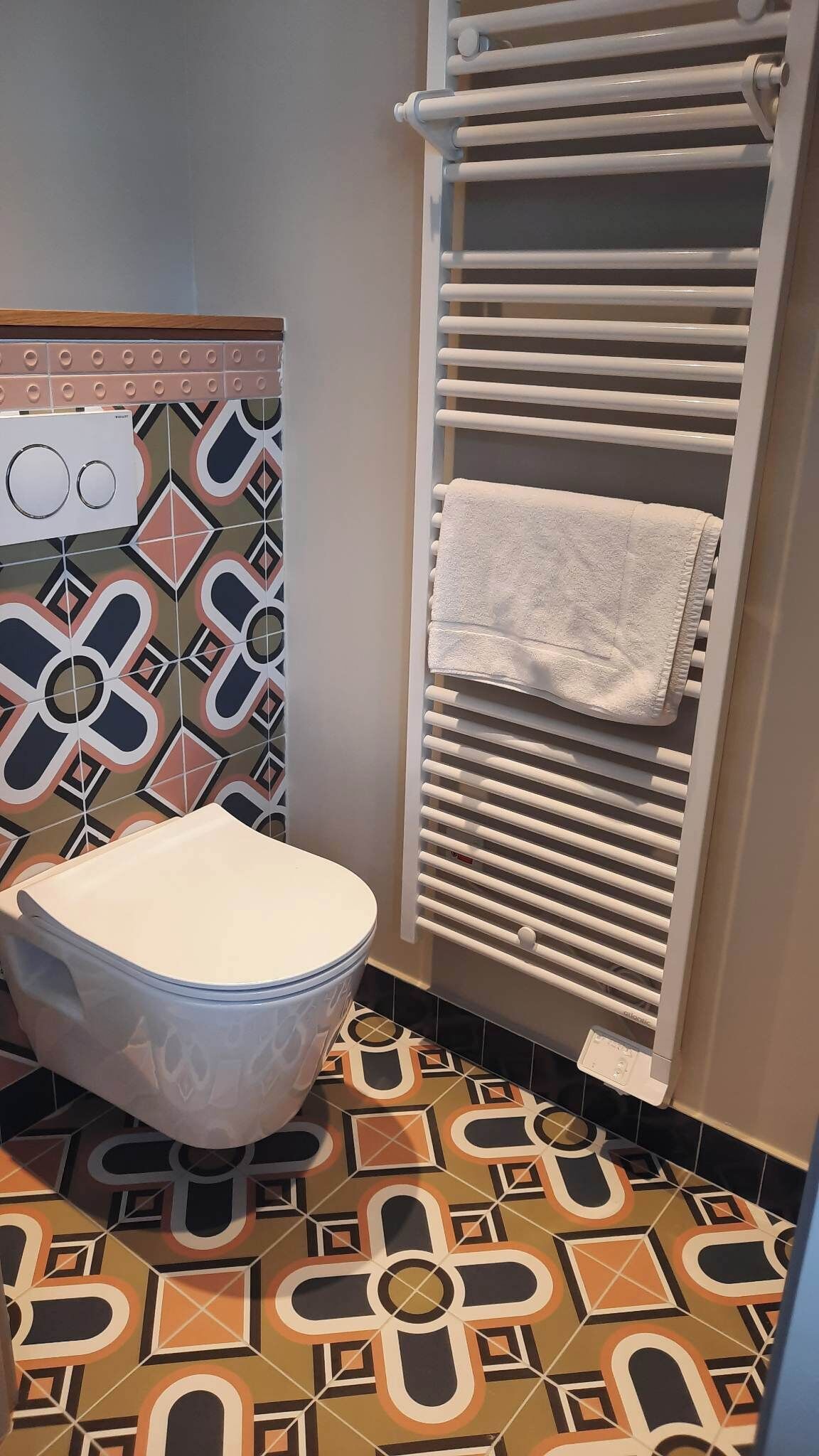 A bathroom with a toilet, patterned floor tiles, a towel rack with a folded towel, and a wall with a geometric tile design.