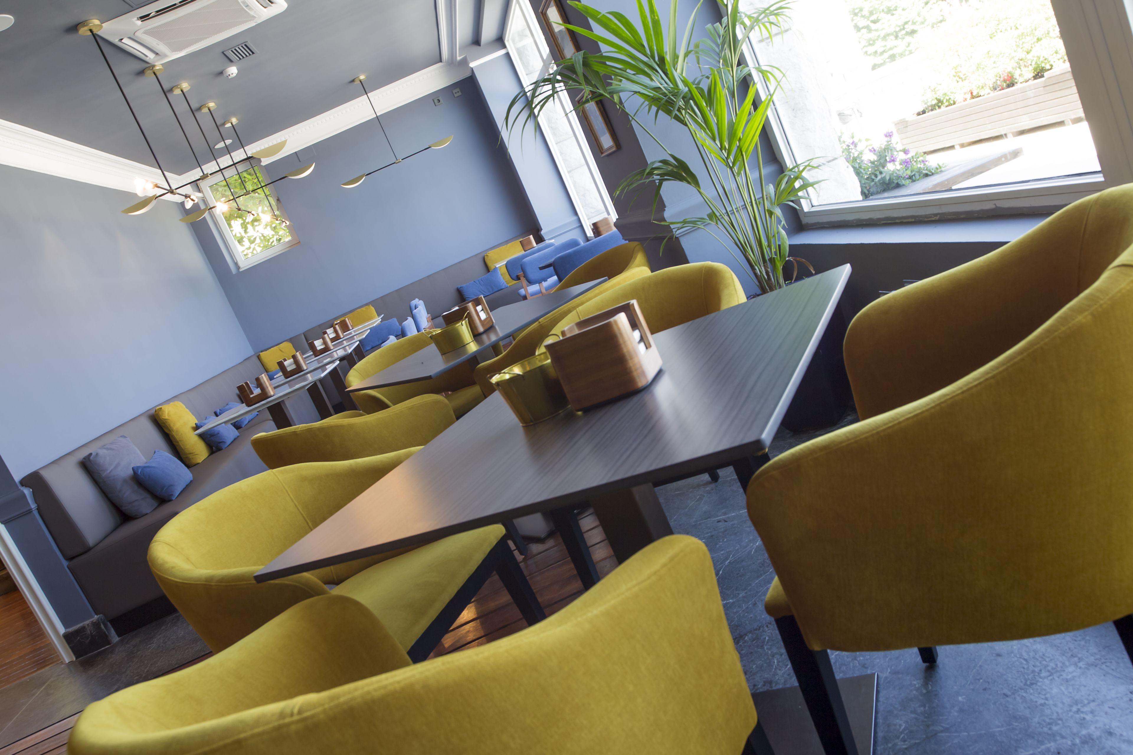 A modern dining area with yellow chairs, a wooden table, and a large window with a view of the outdoors.