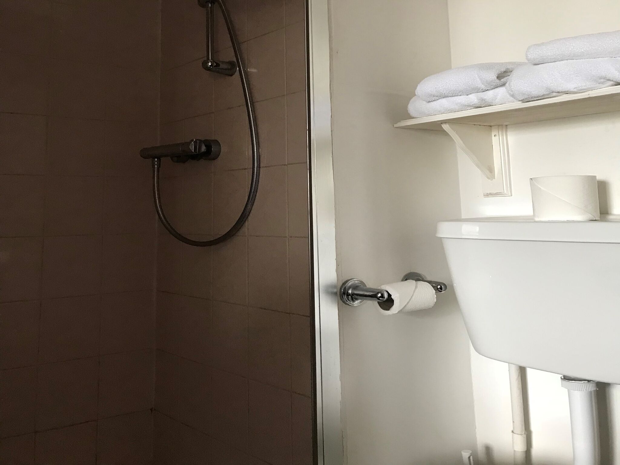 A bathroom with a shower, toilet, and a shelf with towels.