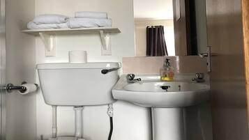 A bathroom with a toilet, sink, and a towel rack.