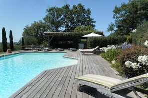 Seasonal outdoor pool, pool loungers