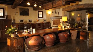 Una zona de bar rústica con vigas de madera, macetas de terracota y una larga barra de madera.
