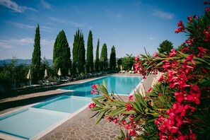 Seasonal outdoor pool, pool umbrellas, pool loungers