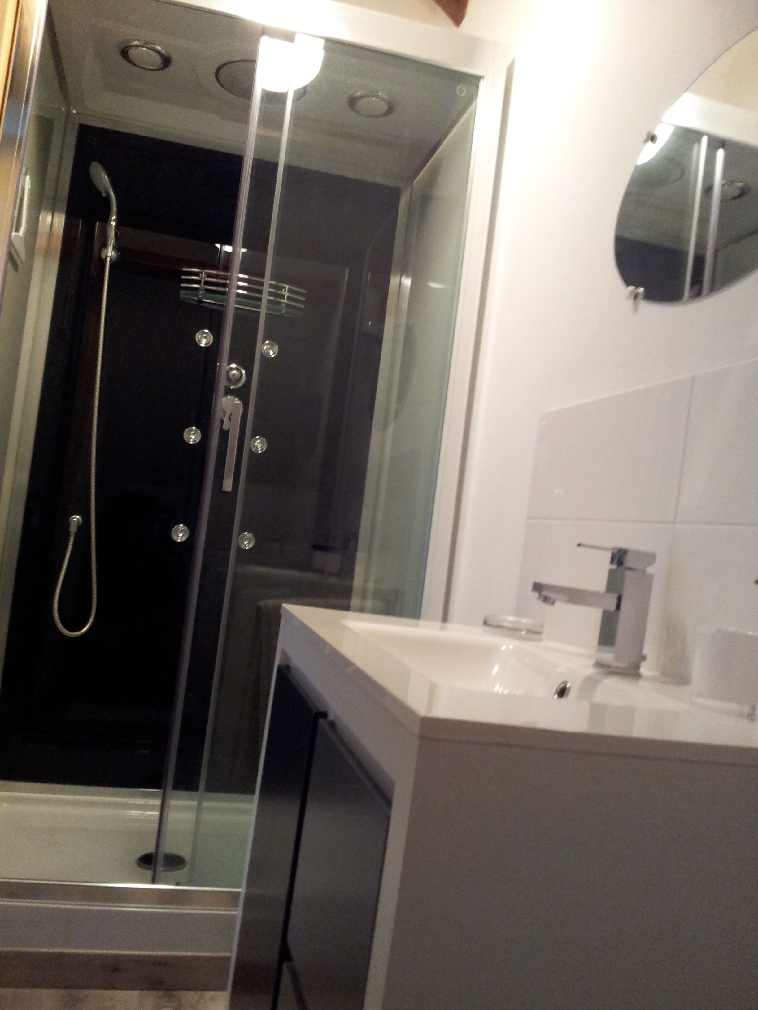 Un baño moderno con ducha envuelta en cristal, un lavabo blanco y un espejo sobre él.