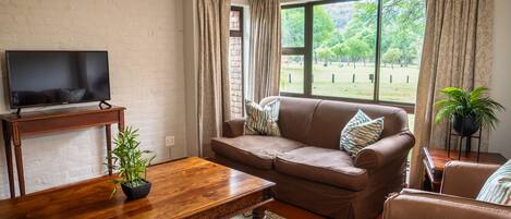 A living room with a brown sofa, a wooden coffee table, a flat-screen TV on a stand, and a window with curtains.