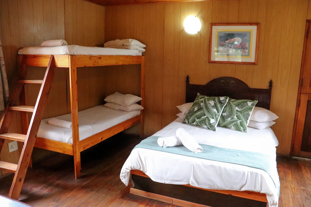 A room with two bunk beds, a ladder, a single bed with a pillow, and a framed picture on the wall.