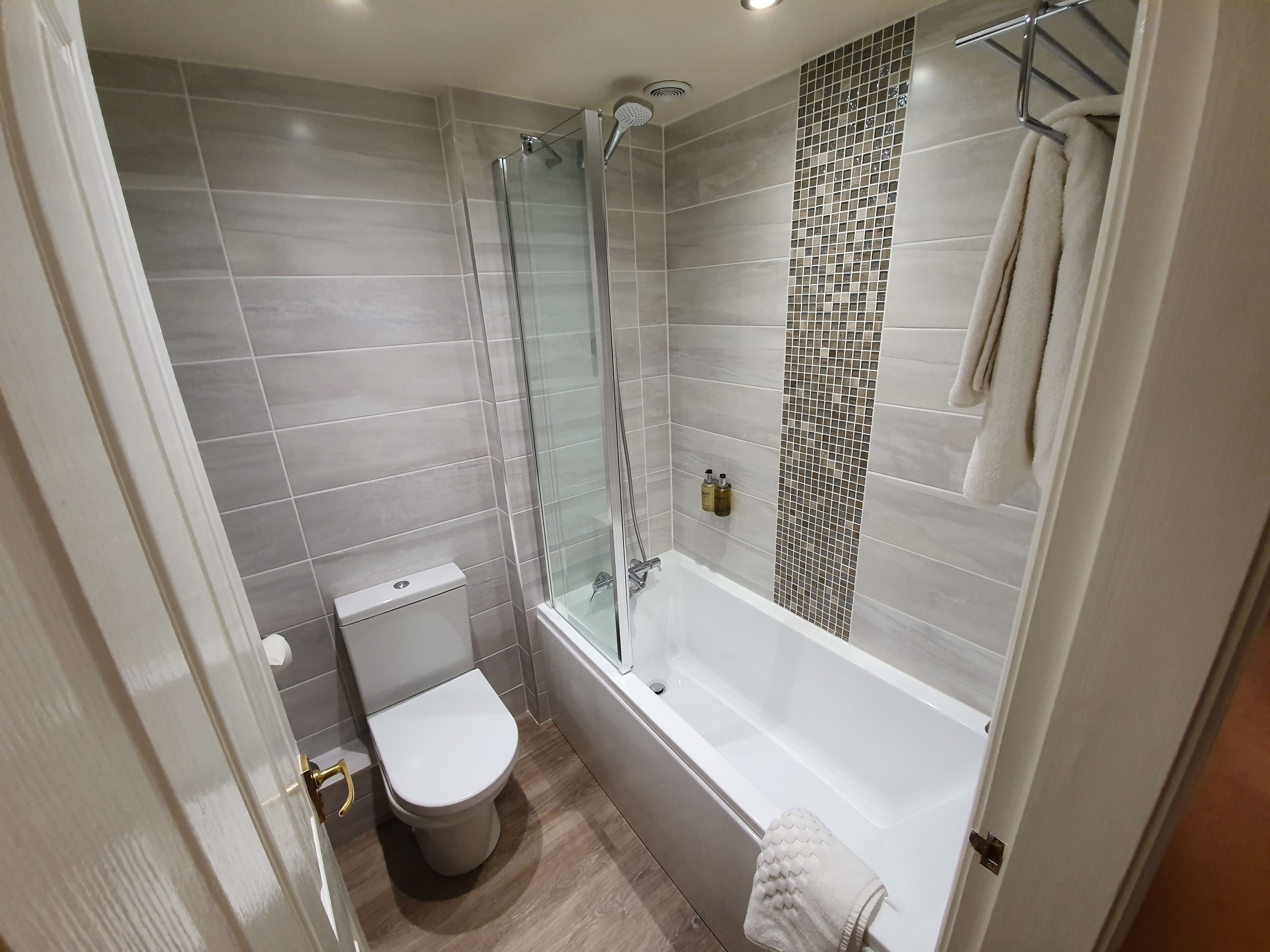 combined shower/bathtub, free toiletries, hair dryer, towels