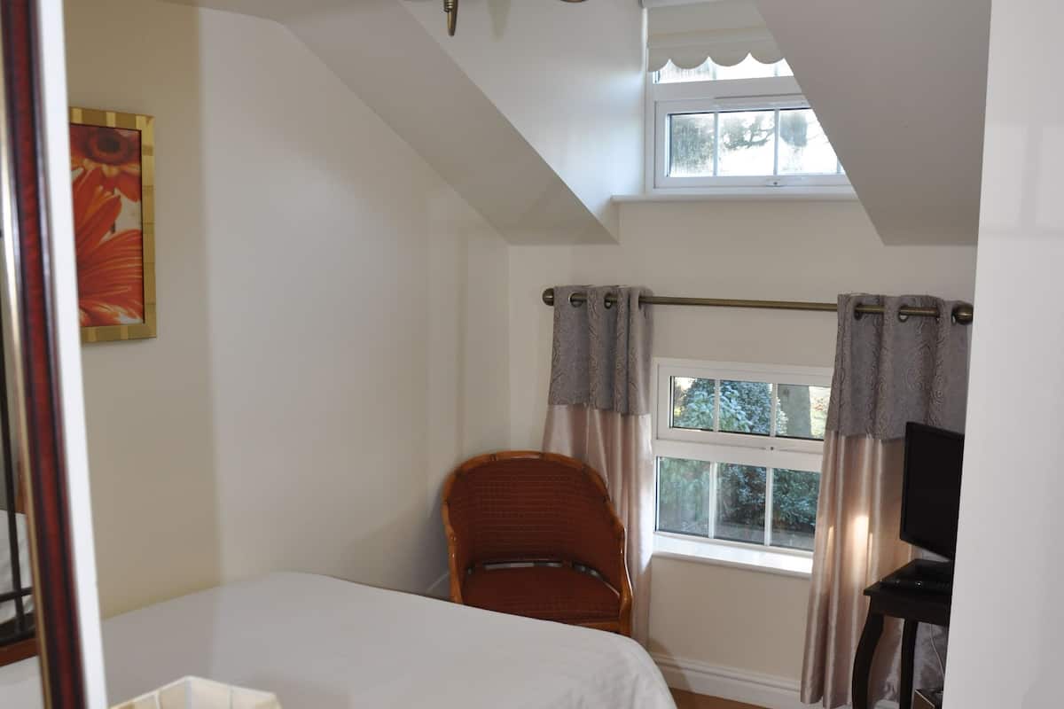 Une chambre à coucher comprenant un lit, une chaise, un bureau avec un ordinateur, une lampe, un luminaire au plafond, une fenêtre avec des rideaux et un tableau accroché au mur.
