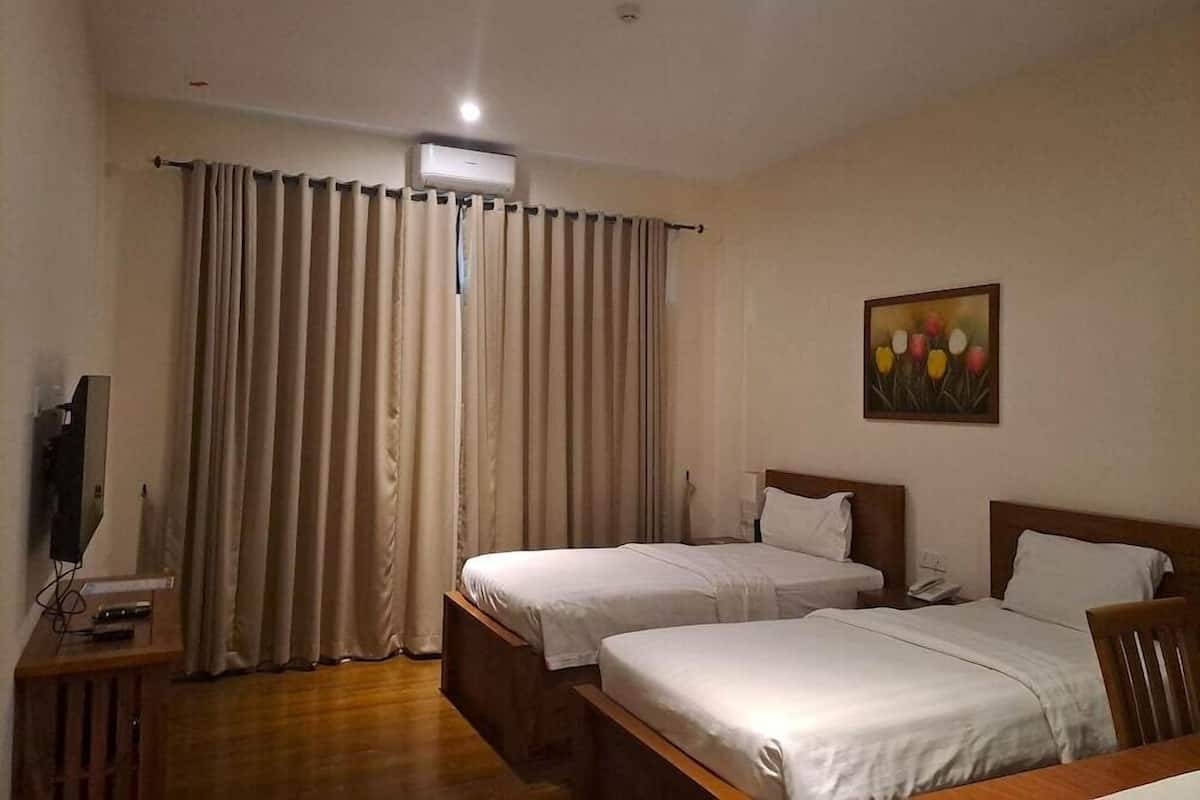 Habitación de hotel con dos camas, televisión, aire acondicionado y un cuadro en la pared.
