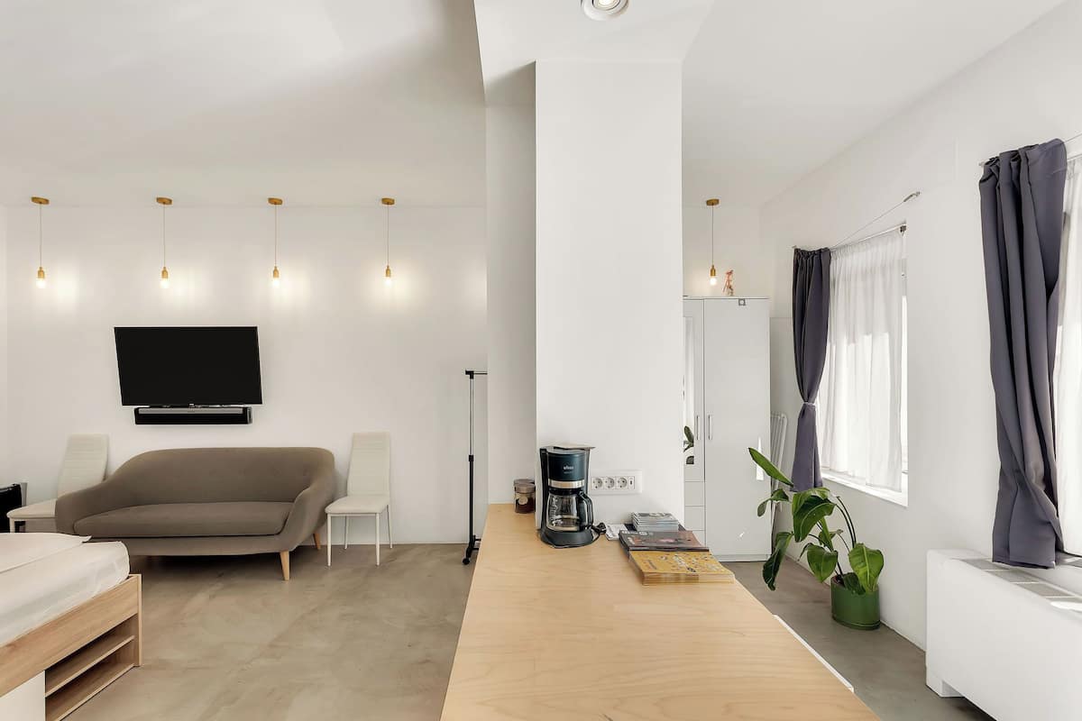 Un salon moderne avec un canapé, une table basse, un téléviseur à écran plat et une plante.