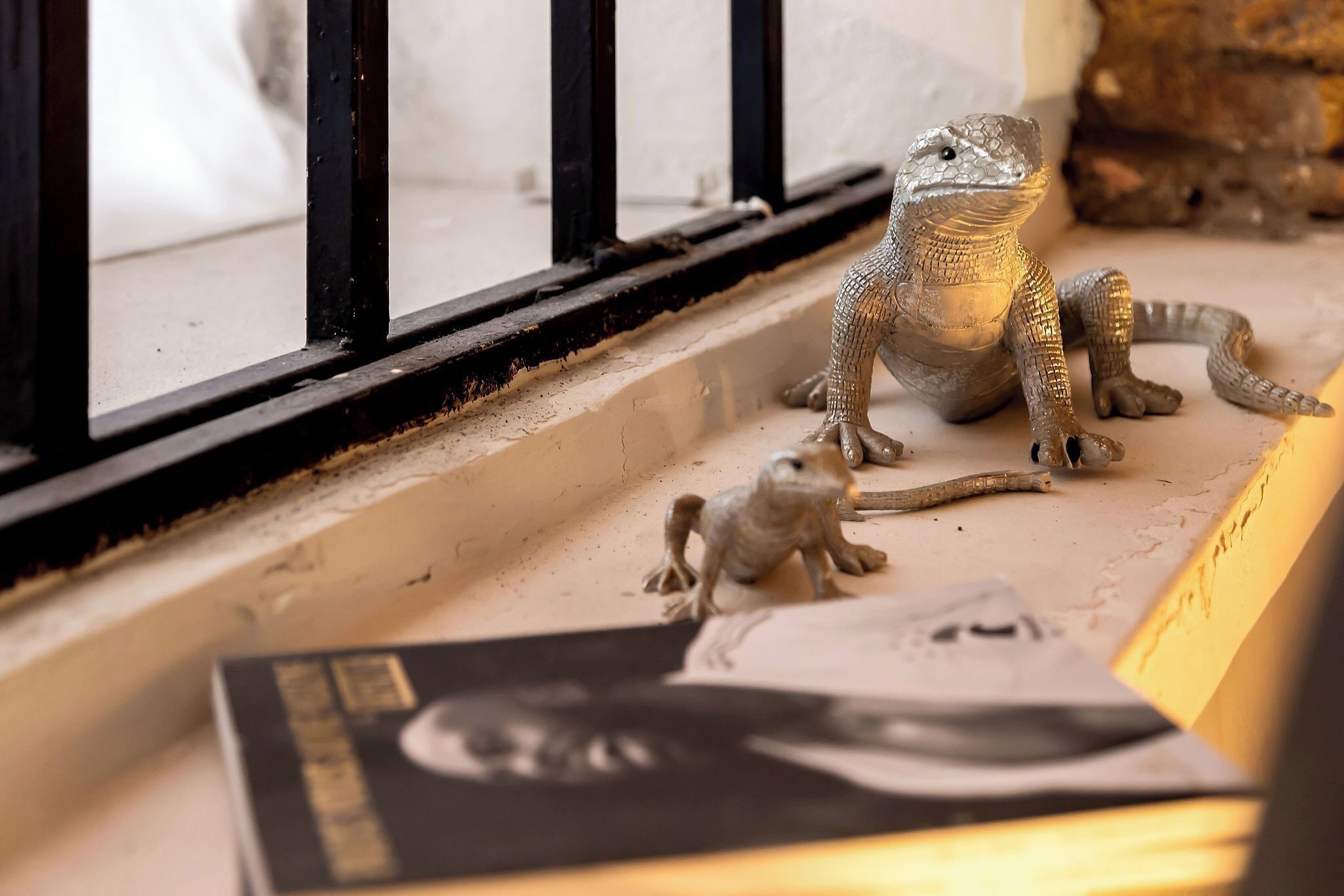 A reptile enclosure with a glass window, a small lizard, and a book on a ledge.