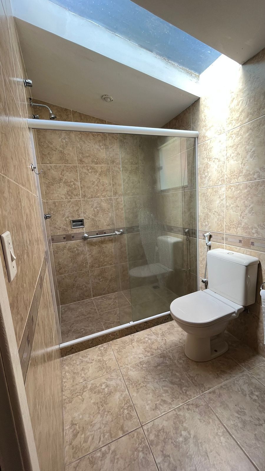 A modern bathroom with a glass-enclosed shower, a toilet, and a skylight.