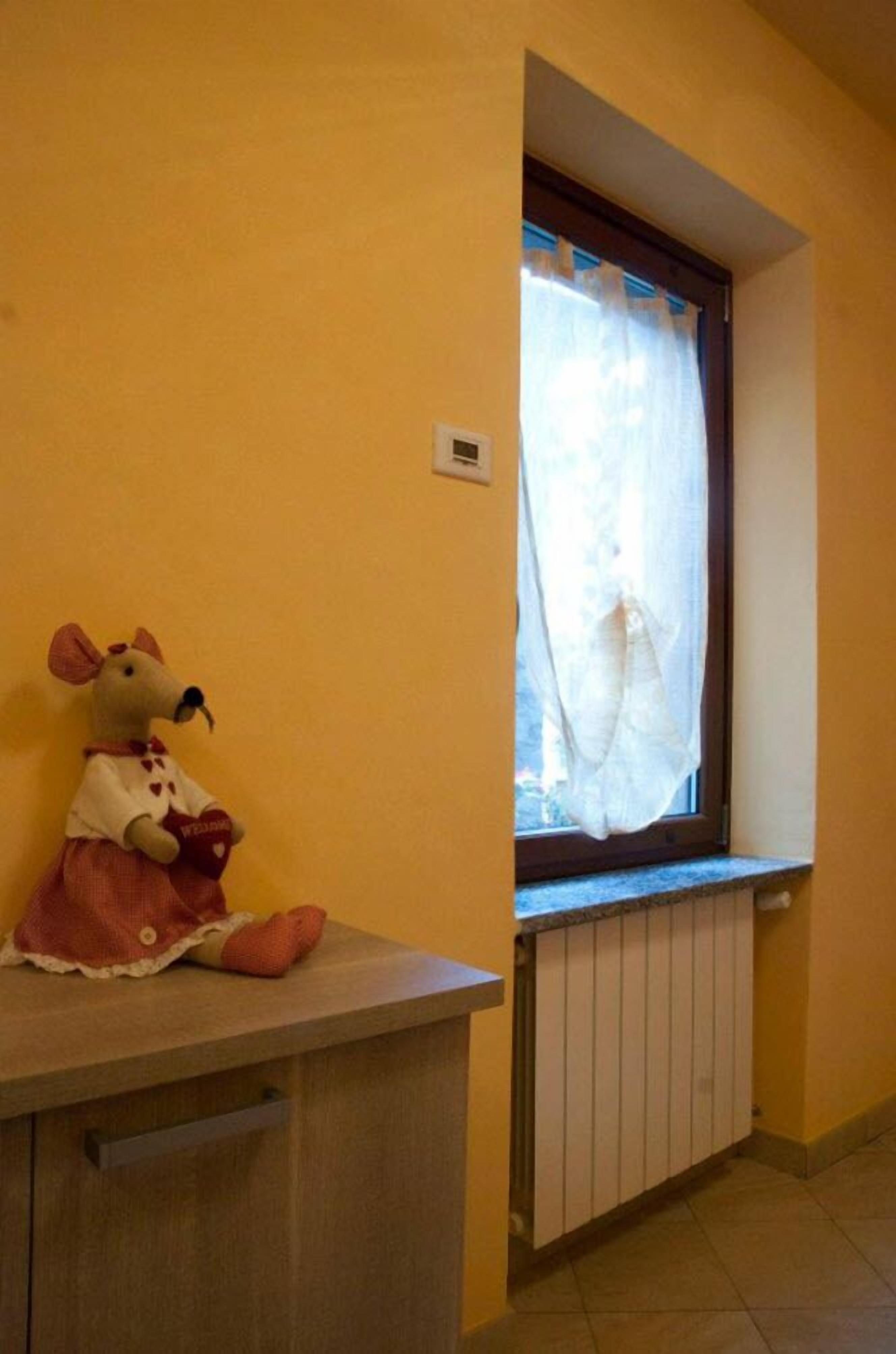 A room with a window, a radiator, and a plush toy on a counter.