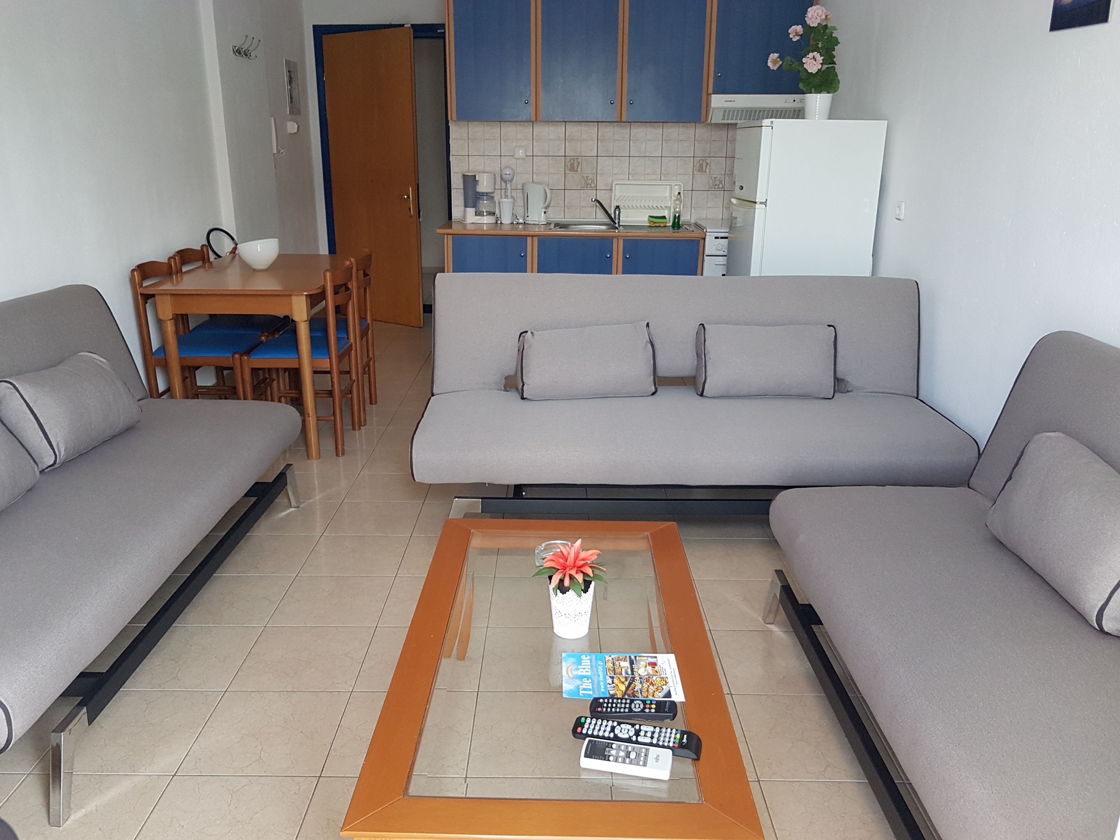 Un salon avec un canapé gris, une table basse avec des télécommandes et un magazine, et un coin repas avec une table en bois et des chaises bleues.